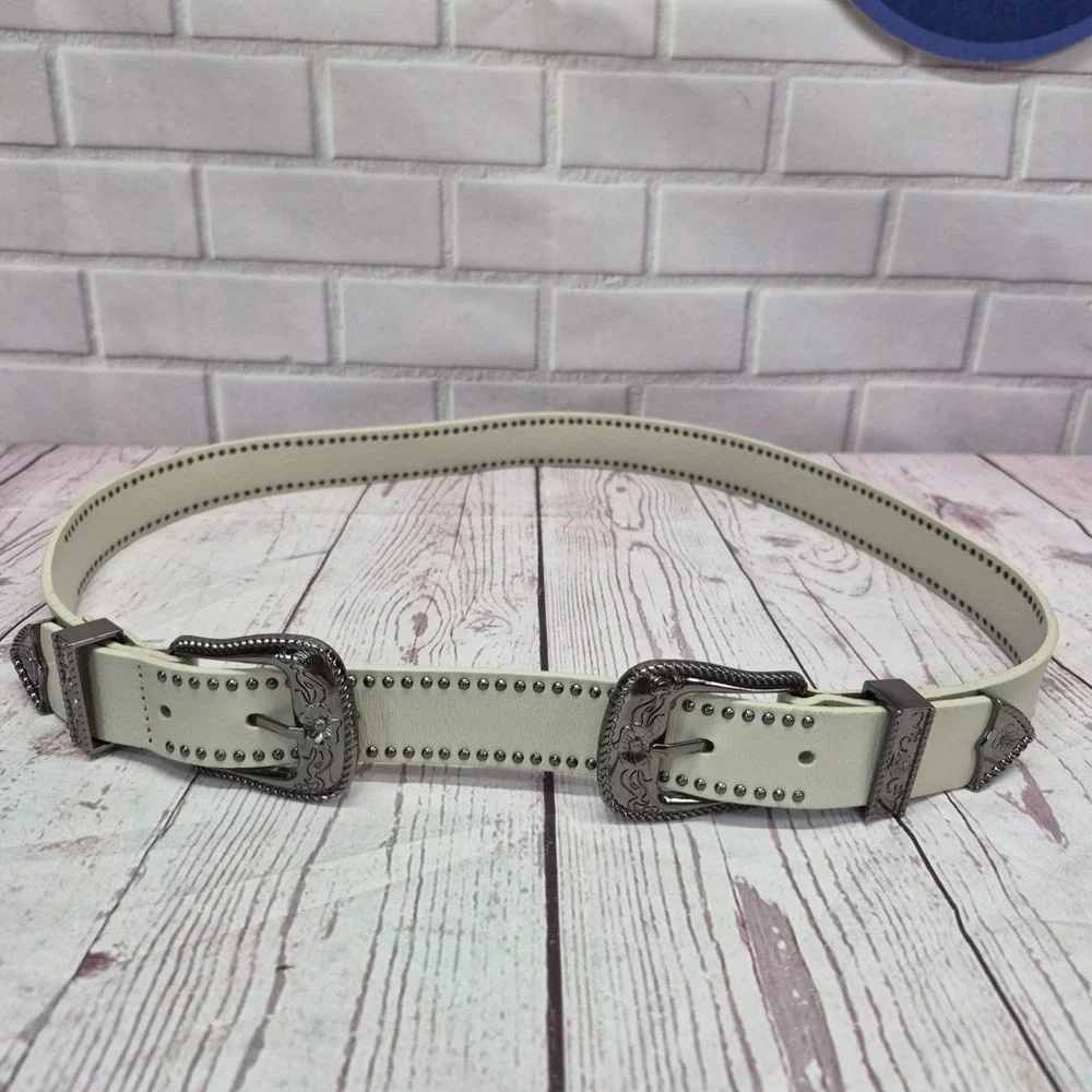 American Eagle Double Buckle Western Womens Belt~ White 38in